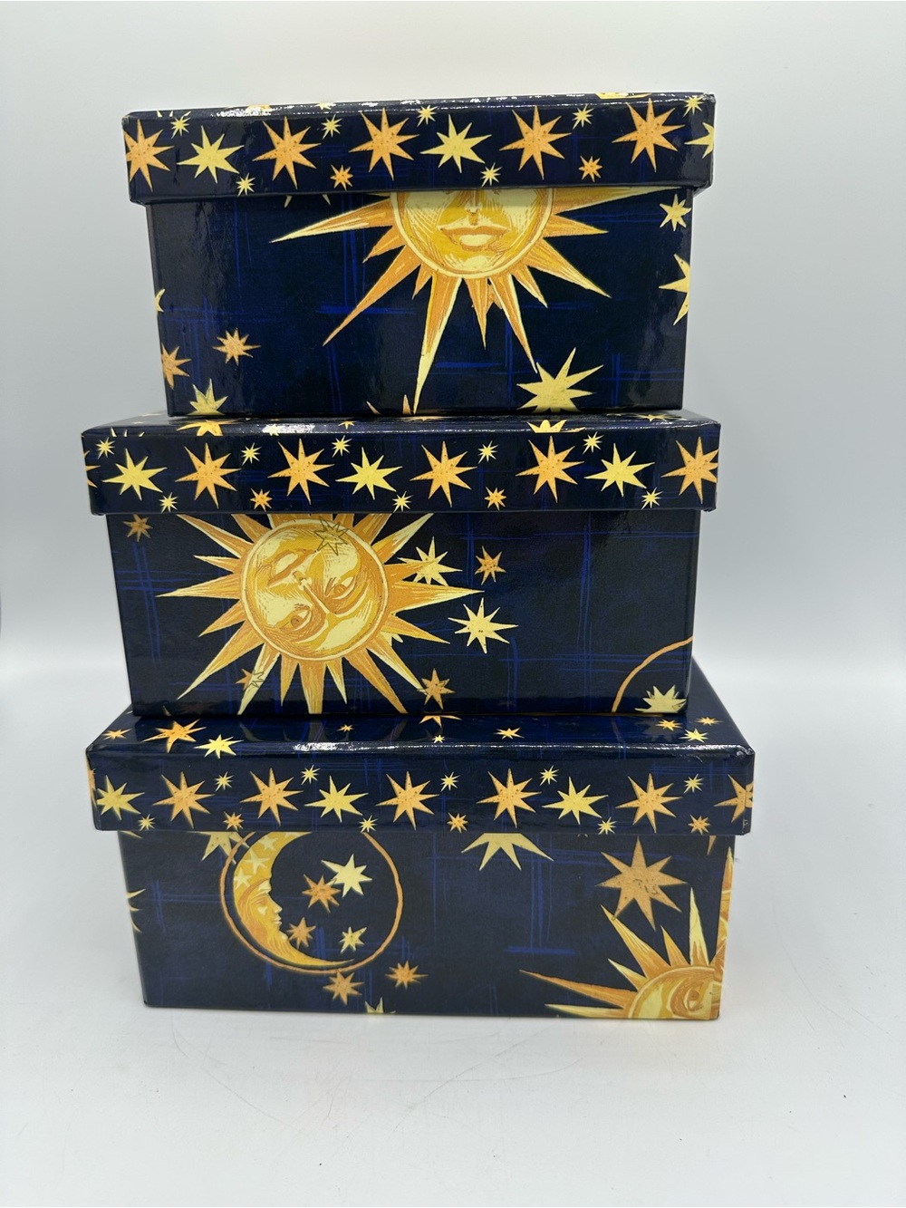 Vtg Tri Coastal Design Celestial Stacking Storage Box Set Sun Moon Stars Rare